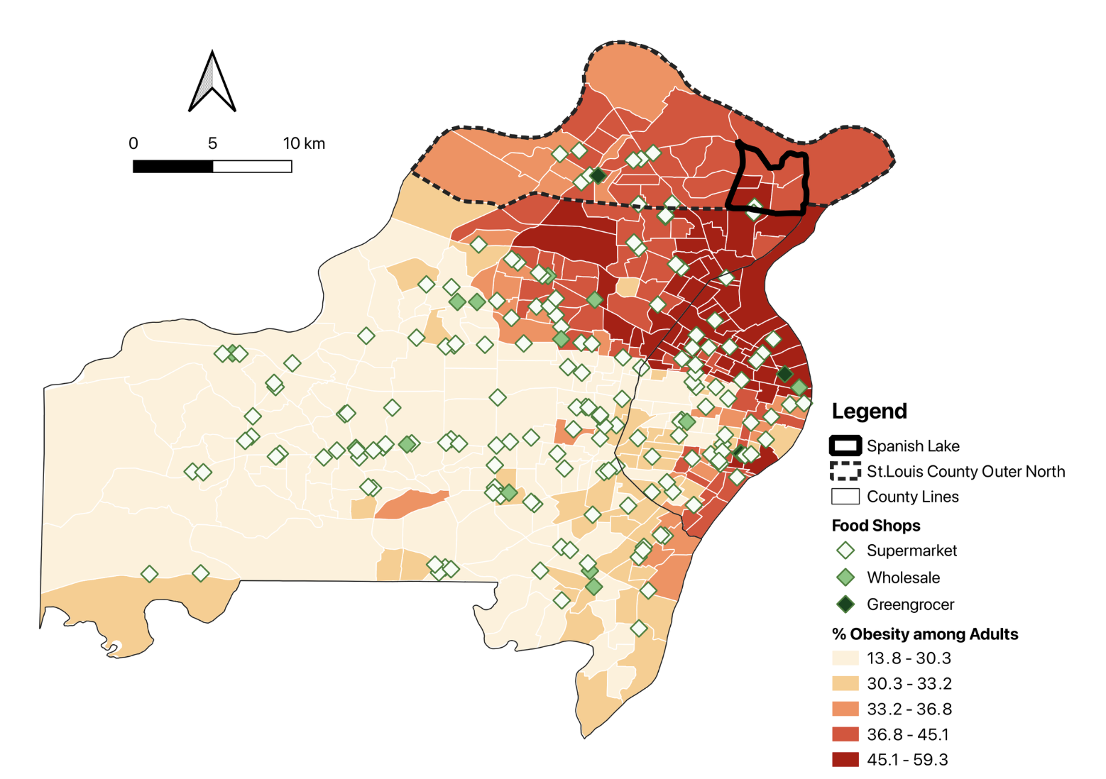 Map of Spanish Lake indicating only one supermarket on the region's borders. Adult obesity ranges from 36.8-59.3%.
