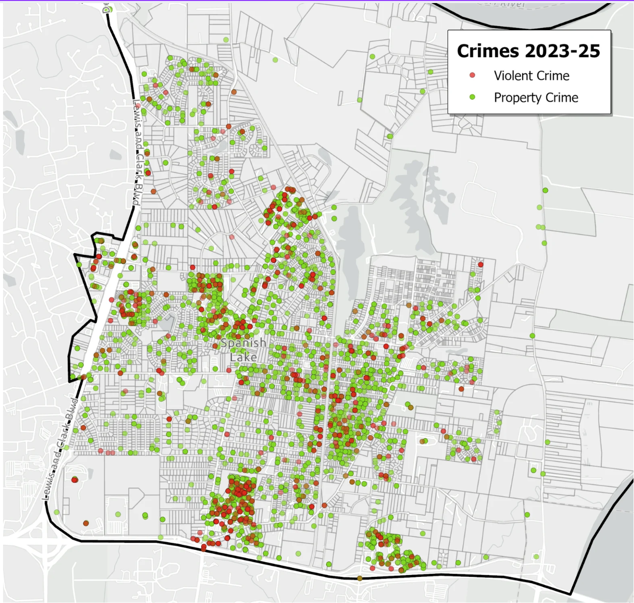 Map with data points indicating the locations where violent crimes (red) and property crimes (green) occurred in Spanish Lake from 2023-2025