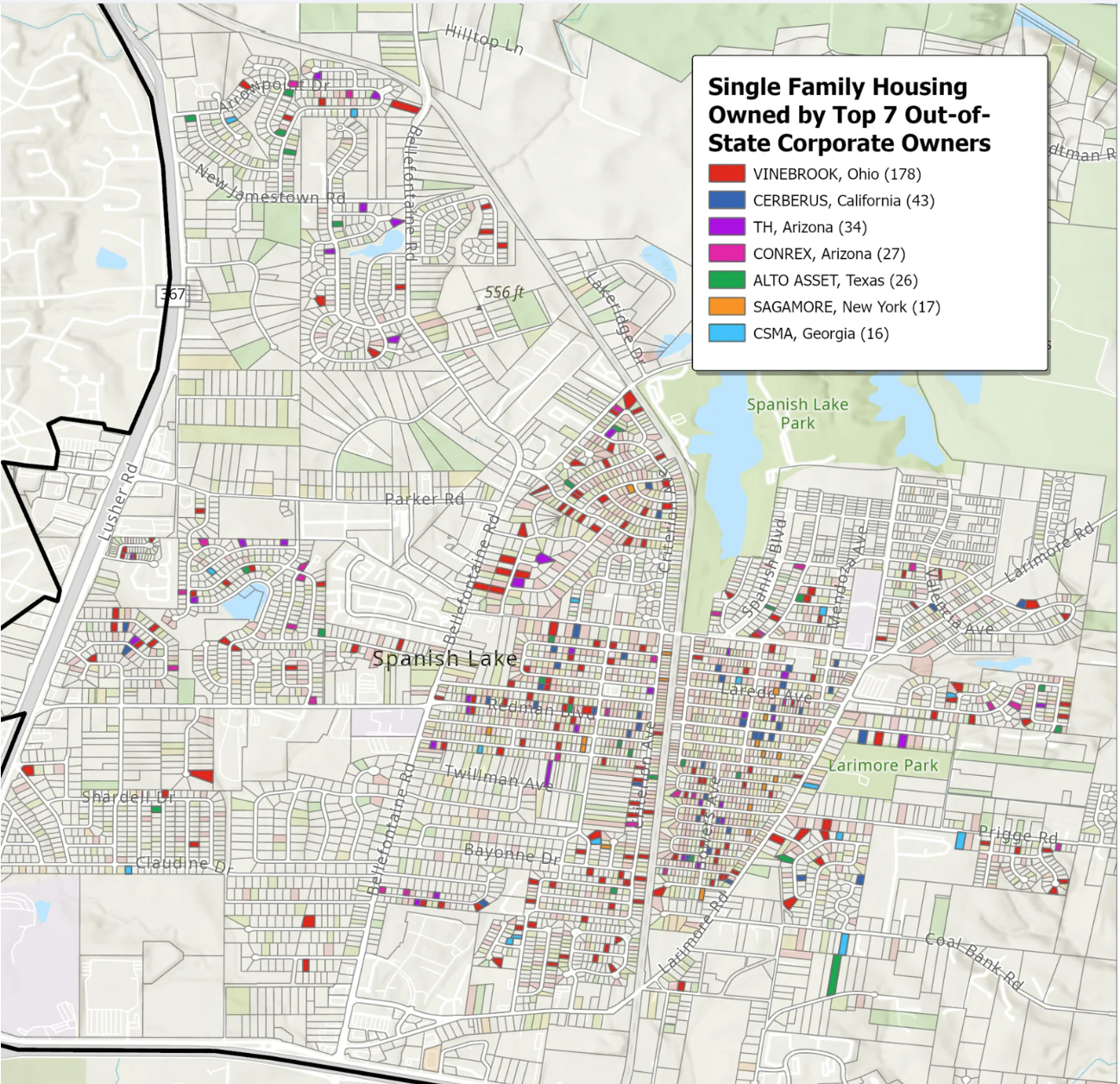 A map of Spanish Lake identifying the properties owned by out-of-state corporate owners. VineBrook owns 178 properties, Cerberus owns 43, TH owns 34, Conrex owns 27, Alto Asset owns 26, Sagamore owns 17, CSMA owns 16