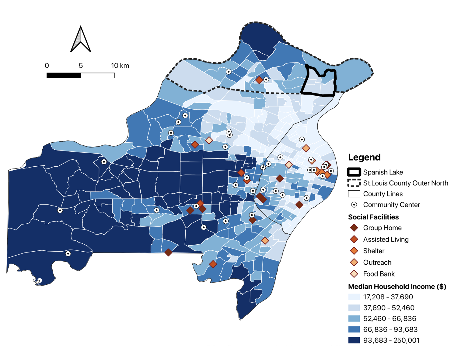 Map of Spanish Lake identifying social services in the STL region (group home, assisted living, shelter, outreach, food bank). There are no social services in the Spanish Lake area. Median household incomes in Spanish Lake range from $17,208-66,836.