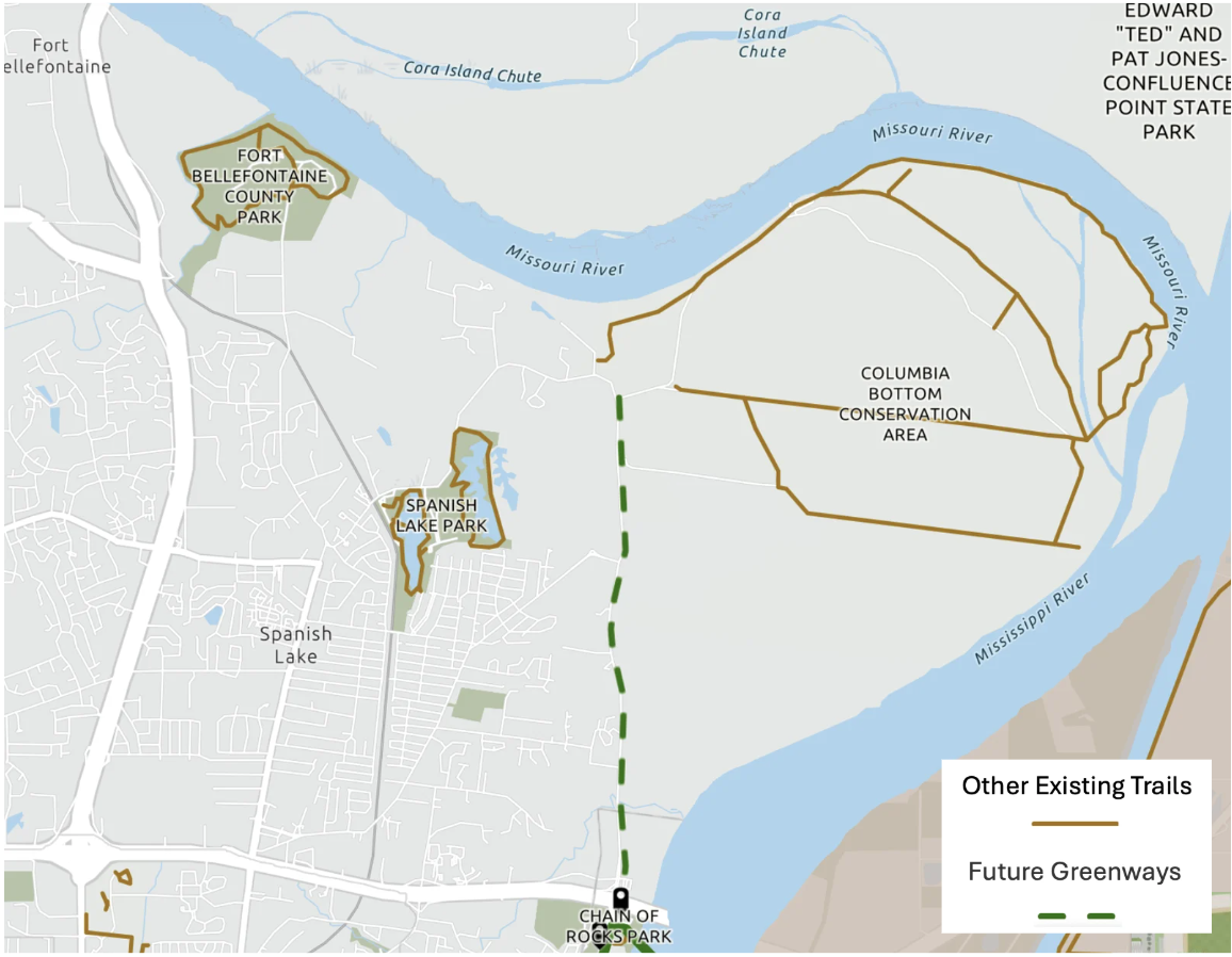 Map of Spanish Lake region highlighting parks trails and greenways, including, Fort Bellefontaine County Park, Columbia Bottom Conservation Area, and Spanish Lake Park.