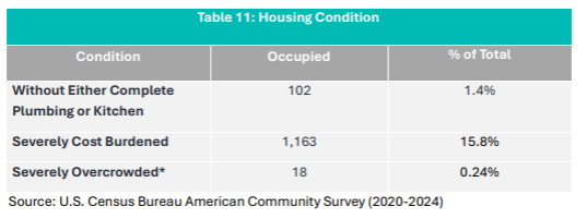 Table showing housing conditions with 102 houses without complete kitchen or plumbing, 1,163 cost burdened, 18 overcrowded