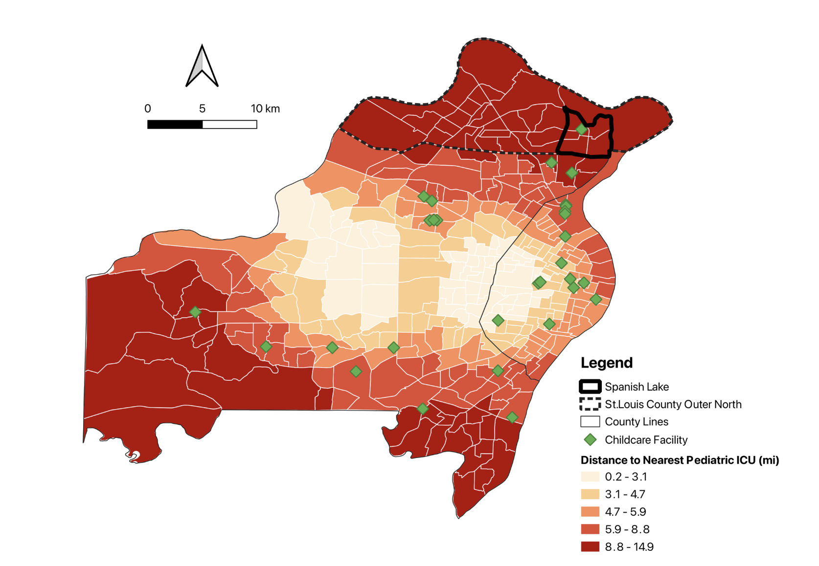 Map of Spanish Lake showing only one Childcare facility in the area. Distance to nearest pediatric ICU ranges from 8.8-14.9 miles throughout the area.