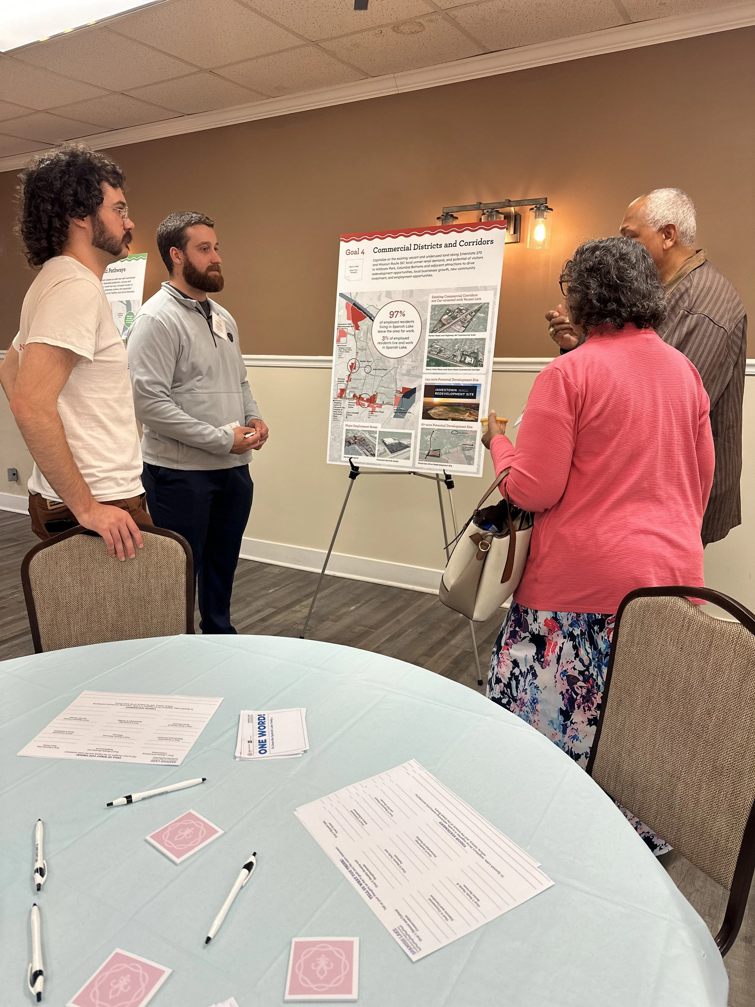 Two Spanish Lake residents speaking with St. Louis County staff at the first open house