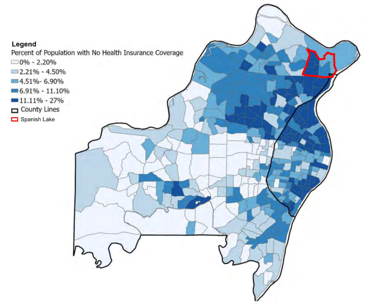 Map of St. Louis County with Spanish Lake outlined in red. Different shades of blue indicate percentage of population with no health insurance coverage. Dark blue denotes 11.11-27% and Spanish Lake is primarily dark blue