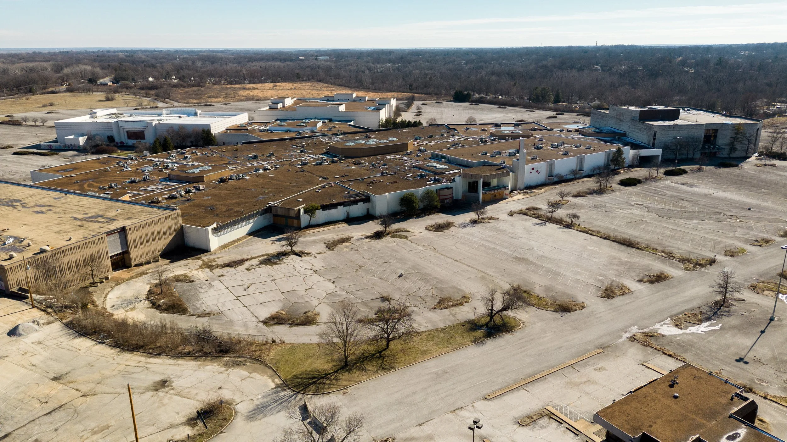 An aerial photo of an abandoned mall