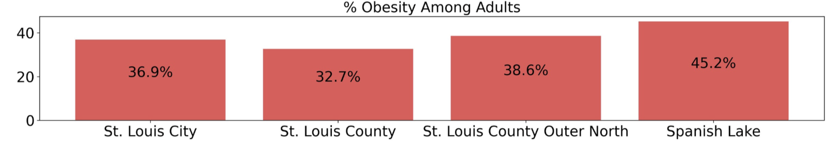 Bar graph comparing the percentage of obesity among adults in St. Louis City (36.9%), St. Louis County (32.7%), St. Louis County Outer North (38.6%), Spanish Lake (45.2%).