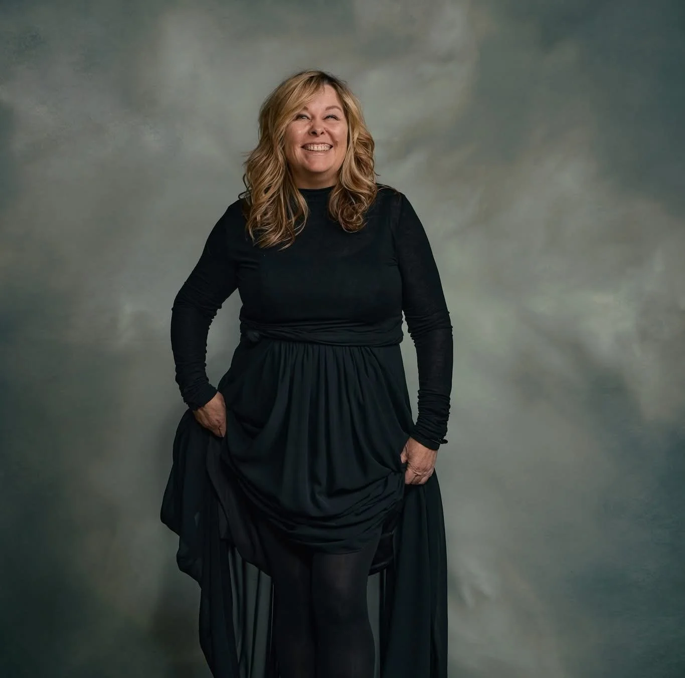 Self portrait grey background black outfit