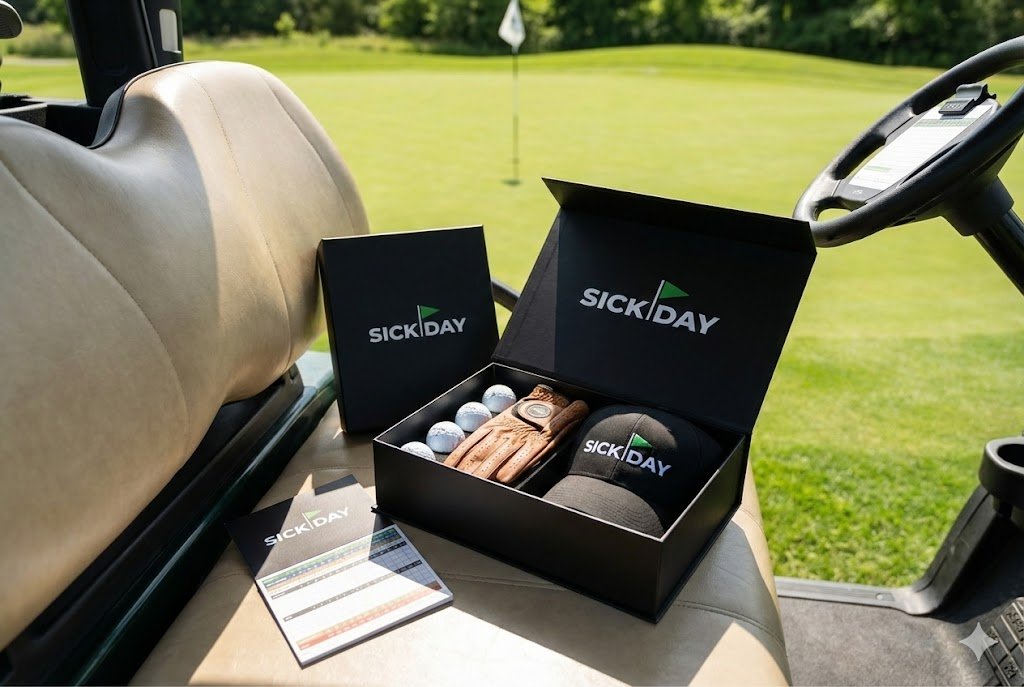 A black box on a golf cart seat contains golf balls, a glove, a cap, and a small booklet, with the box labeled 'SICK DAY'. The background shows a green golf course with a flag on the putting green.
