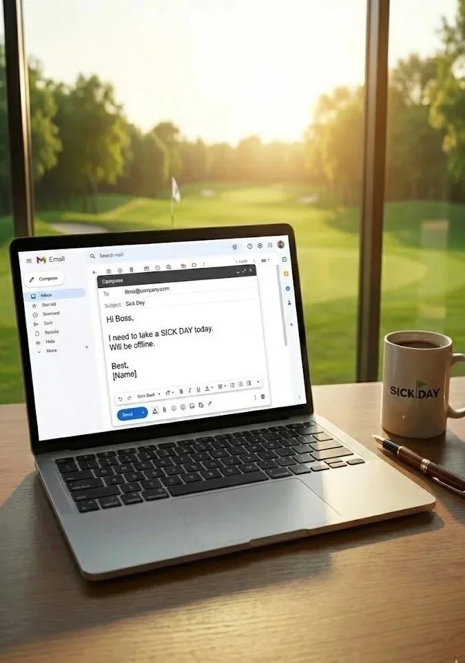 Laptop on a desk with an email draft open, a coffee mug labeled 'SICK DAY,' and a pen, with a view of a golf course through the window.