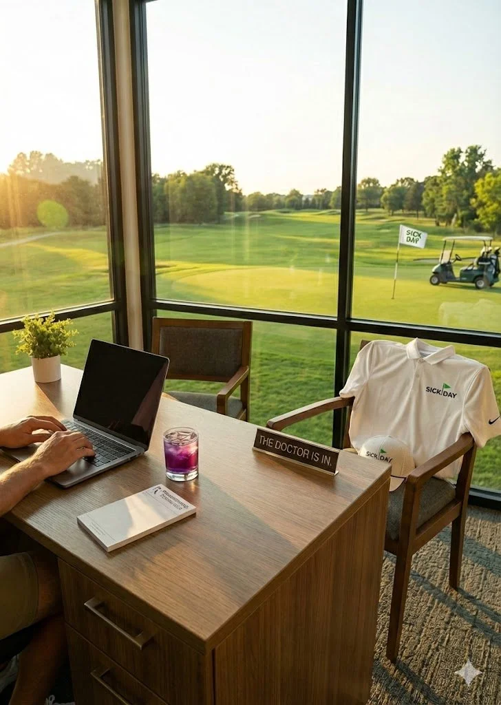 Indoor office space with a view of a golf course through large windows, featuring a desk with a laptop, a drink, a plant, a sign that says 'The doctor is in,' and a golf shirt on a chair marked 'Sick Day'.