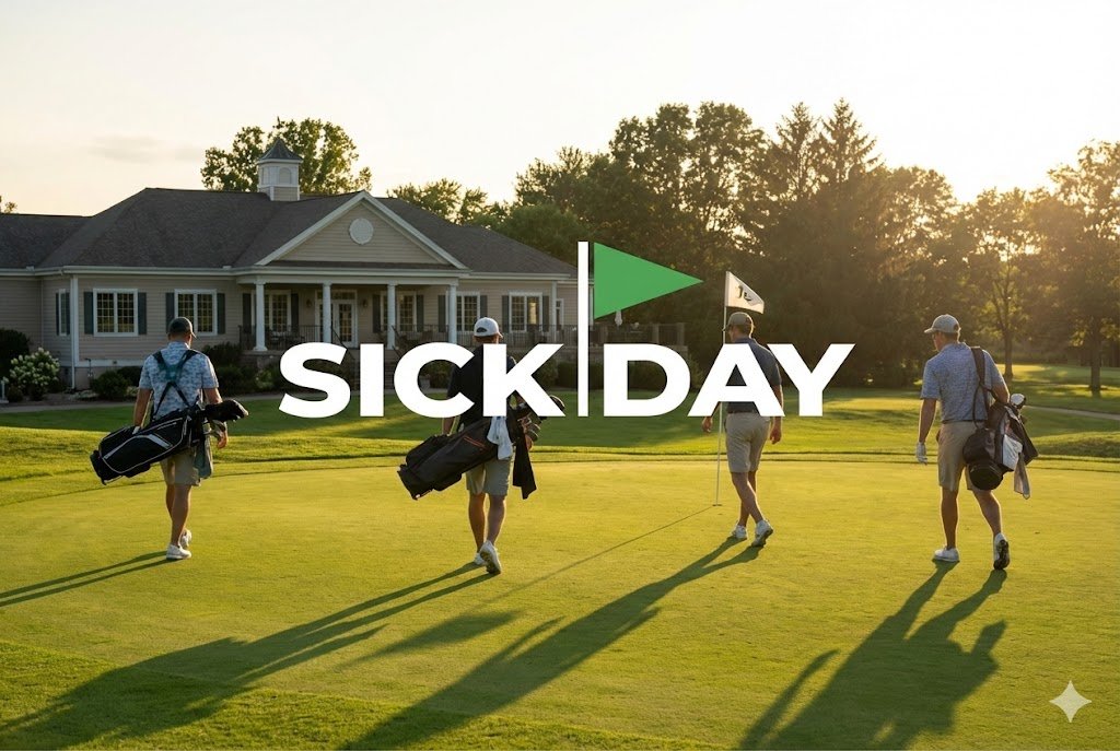 Four men carrying golf bags walking on a golf course during sunset with a house in the background and the text 'SICK DAY' overlaid on the image.