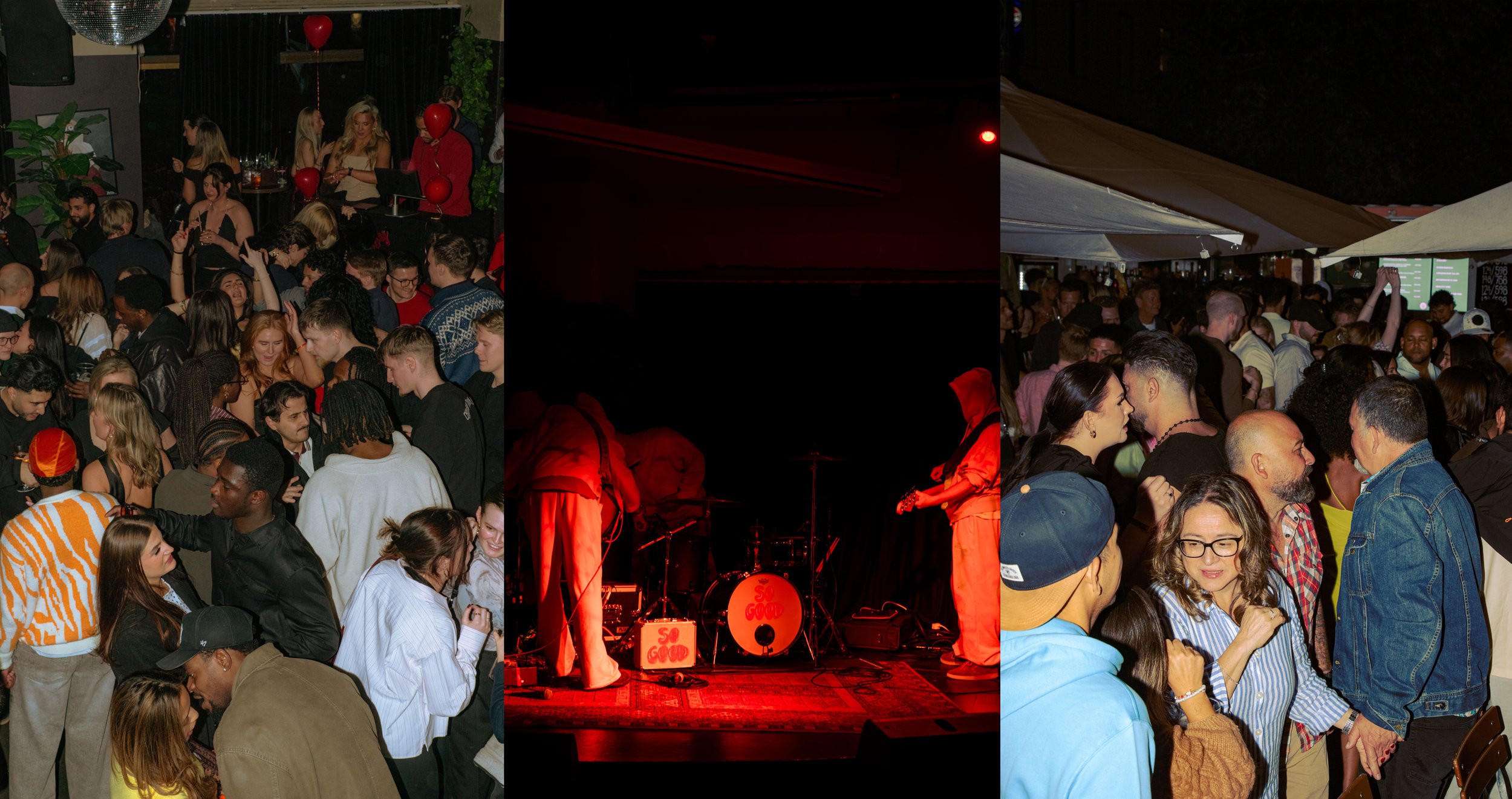 A crowded party scene with people dancing and socializing, a stage with a live band performing under red lighting, and a bar area with bar patrons, featuring both indoor and outdoor spaces.