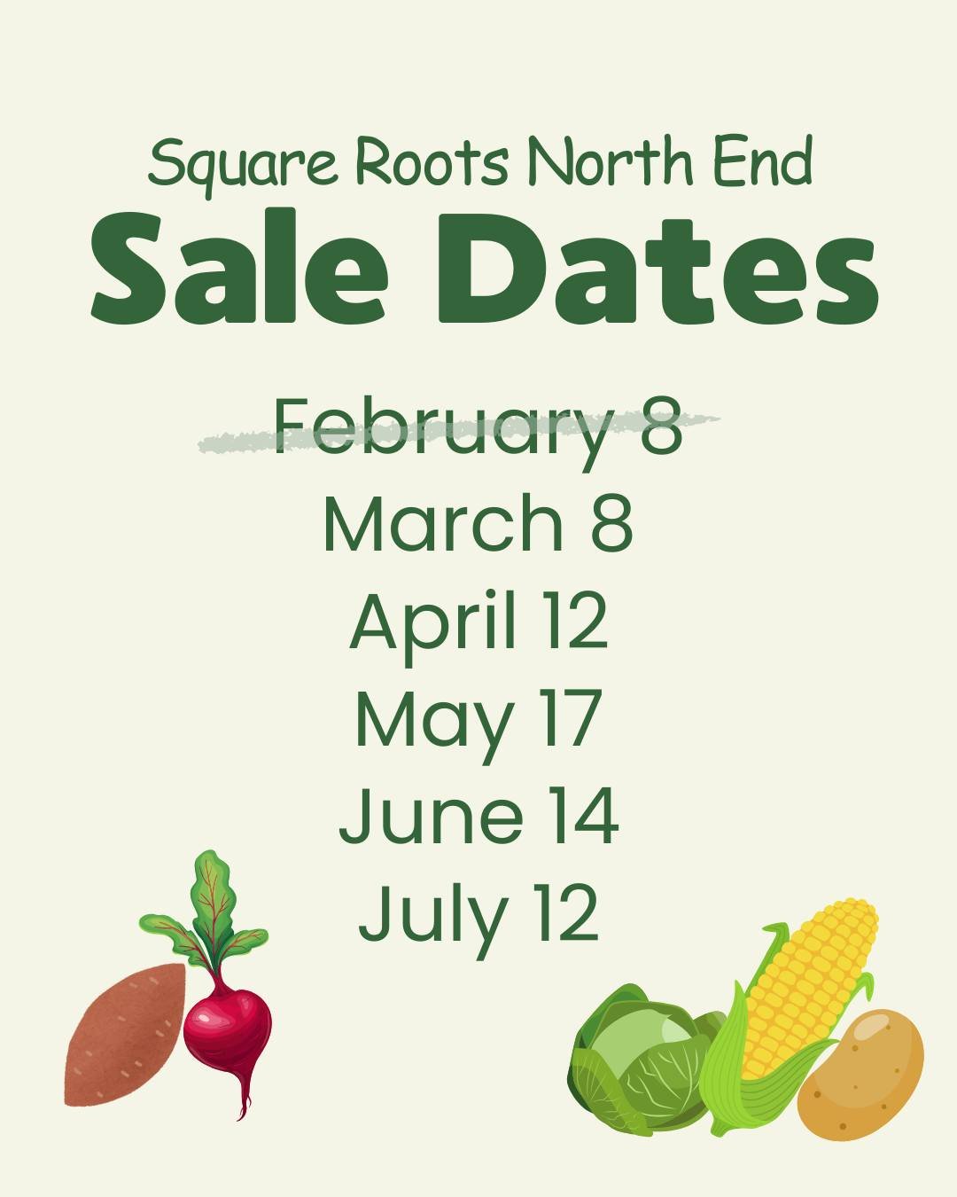 Mark your calendars! Our next veggie sales will be taking place March 8, April 12, May 17, June 14 and July 12 🍅🌽🥦

At each sale, we have hundreds of pounds of local produce for just $1/lbs. Everyone is welcome to come out to our sales, select the
