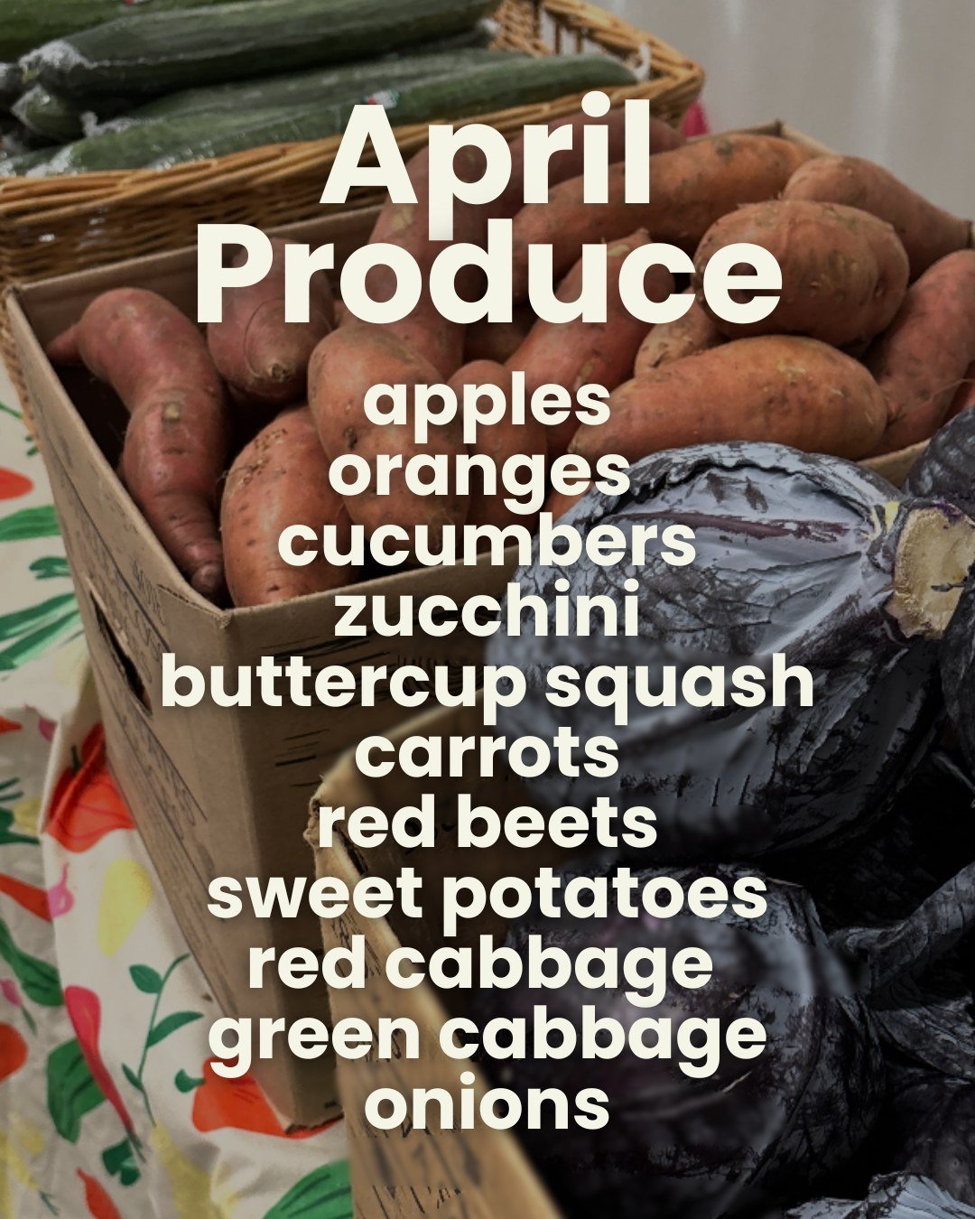 Our April Produce is here!! This Sunday, we will have apples, oranges, cucumbers, zucchini, buttercup squash, carrots, red beets, sweet potatoes, red and green cabbage and onions 🥒🥕🍎

Our April Sale takes place Sunday, April 12 at 2700 Robie St fr