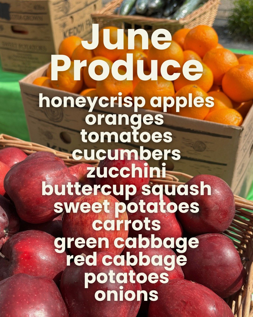 Our June produce is here!! This Sunday, we will have honeycrips apples, oranges, tomatoes, cucumbers, zucchini, buttercup squash, sweet potatoes, carrots, green cabbage, red cabbage, potatoes and onions all for just $1/lbs 🍅🍠🥕🥒

Our June Sale is 