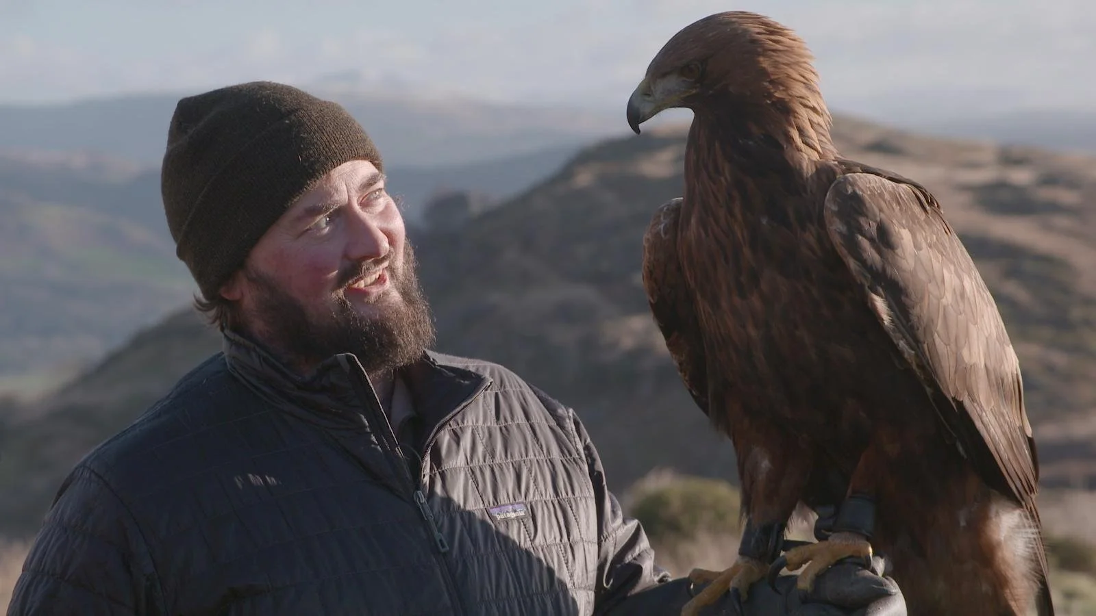 Man with a beard and wearing a brown beanie hat and dark outdoor jacket standing outdoors with a large brown bird of prey perched on his gloved hand, with mountains and cloudy sky in the background.