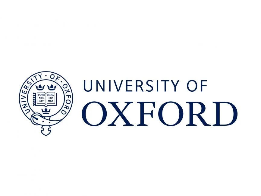 University of Oxford logo featuring a circular crest with a crown, open book, and Latin inscription, next to the text 'University of Oxford' in blue.