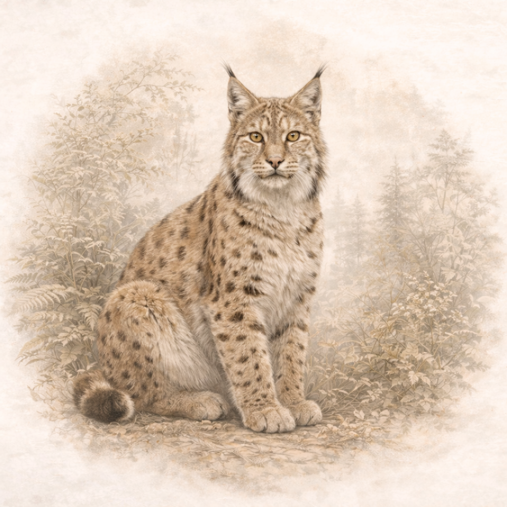 A Eurasian lynx sitting in front of a blurred background of trees and foliage.