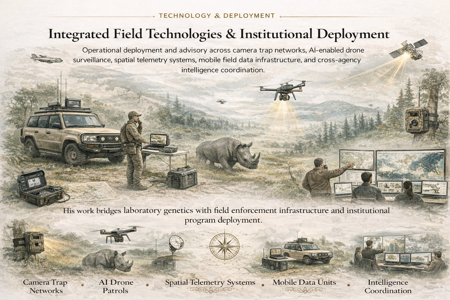 Illustration of integrated field technologies and institutional deployment for wildlife and landscape monitoring. Features include a vehicle with surveillance equipment, a person operating a computer that displays a map, a rhinoceros, multiple drones flying and scanning, a satellite, camera trap networks, AI drone patrols, spatial telemetry systems, mobile data units, and people coordinating intelligence on multiple monitors.