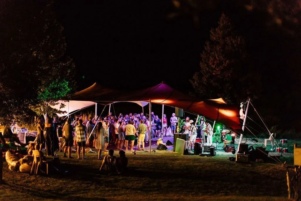 Nighttime outdoor concert with a band performing under a tarp and an audience enjoying the music while some stand and others sit on the grass, illuminated by colorful stage lights.