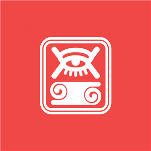 Logo with an eye and eyelashes above two spirals on a red background