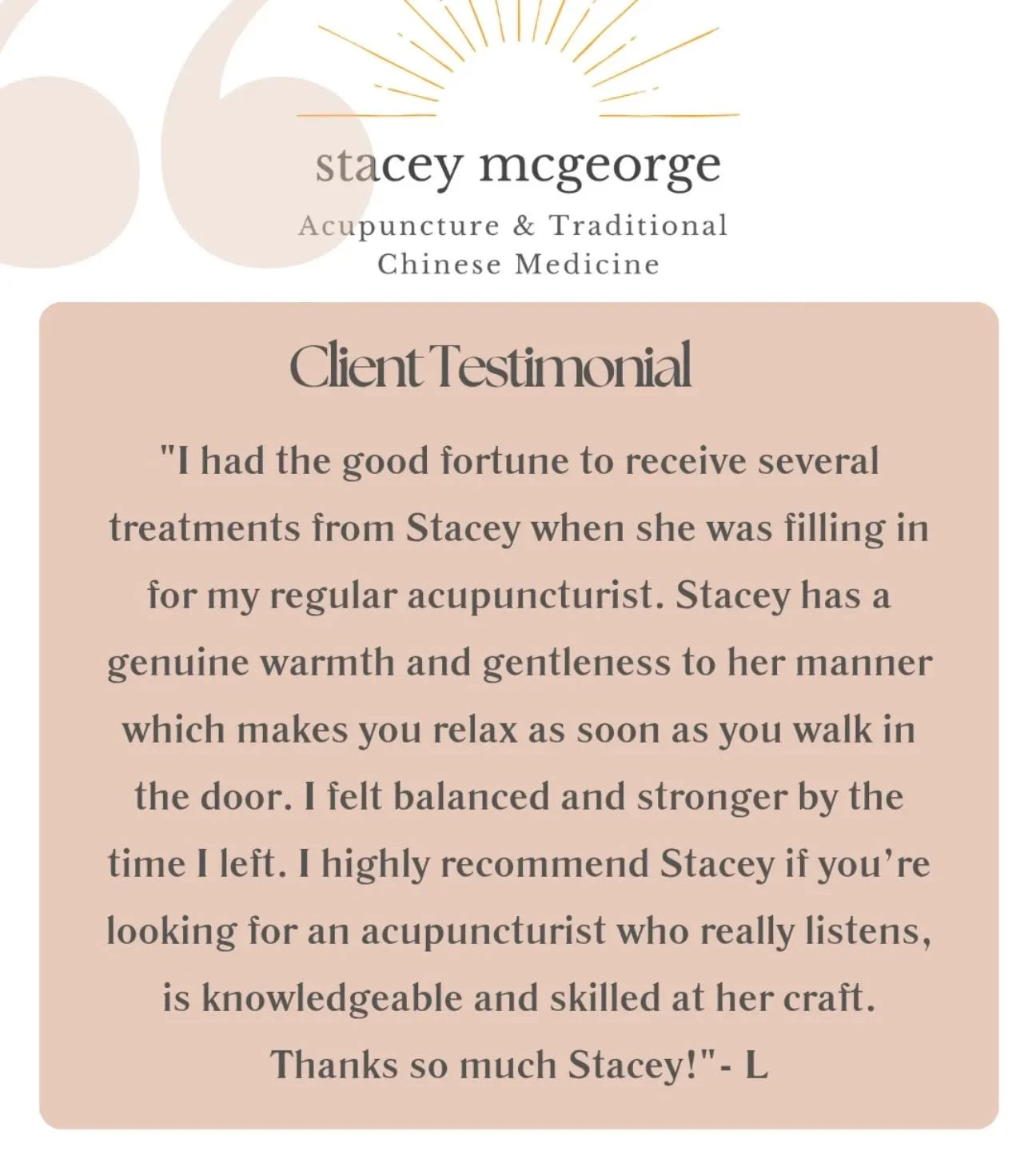 A lovely client testimonial, thank you L for your kind words.

If you'd like to find our more about how acupuncture may be able to support you, head to https://www.staceymcgeorge.com to book a free 15 minute discovery call with me.

I'd love to hear 