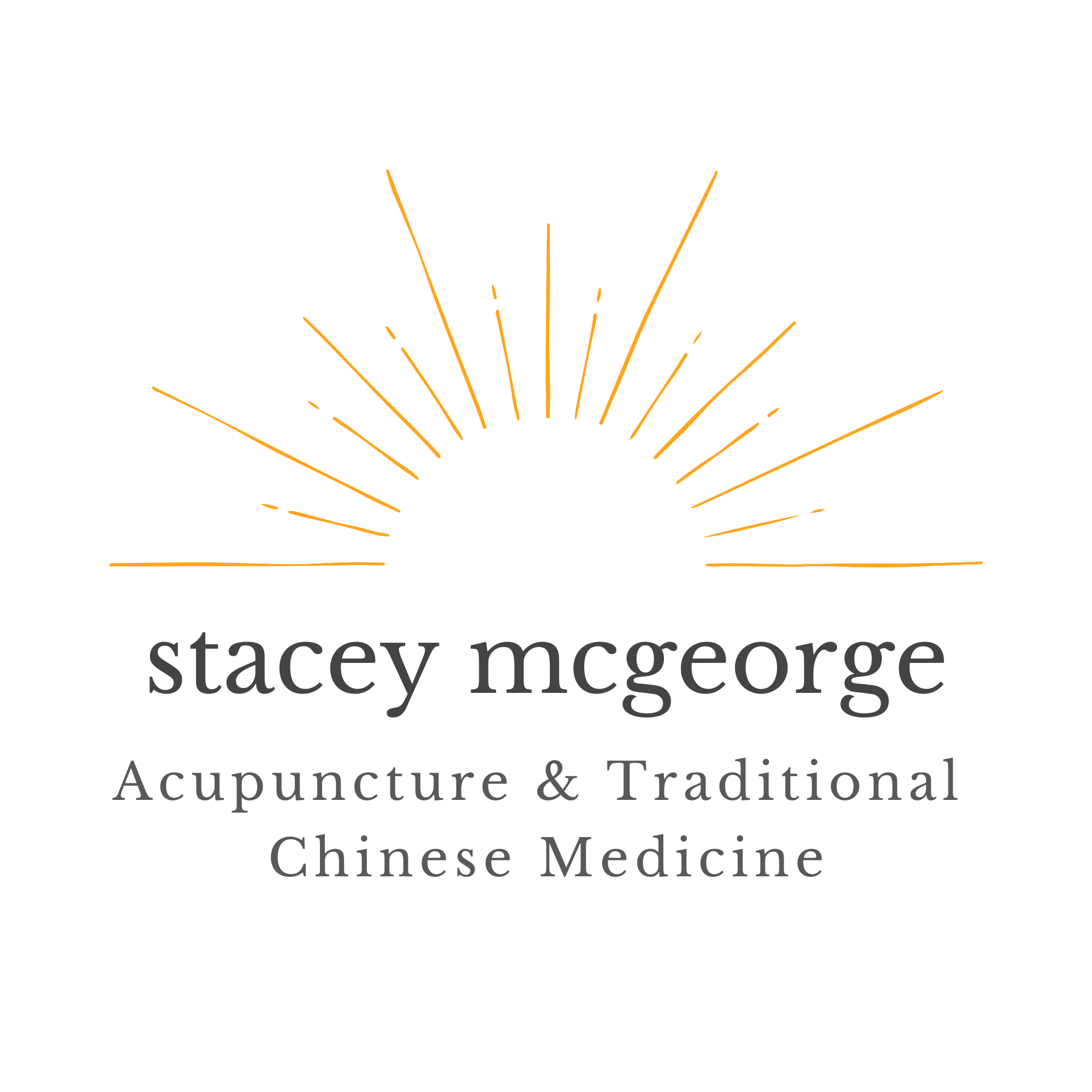 Logo for Stacey McGeorge Acupuncture and Traditional Chinese Medicine, featuring a stylized orange sun rising or setting with rays, and text in black and gray.