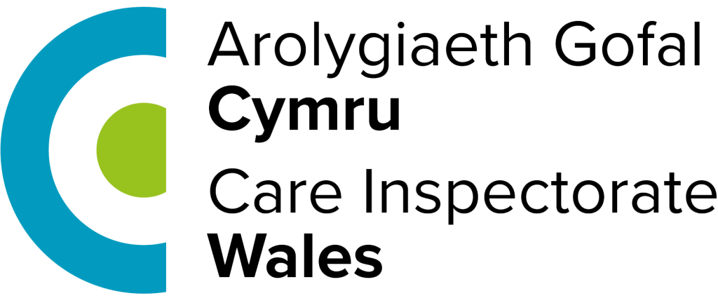 Logo of the Care Inspectorate Wales, featuring a large stylized C with green and blue elements and the organization's name in English and Welsh.