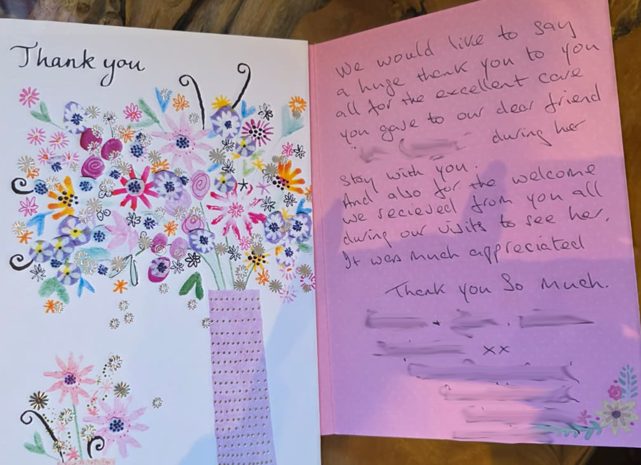 A thank you card with colorful floral illustrations and handwritten text on pink paper expressing gratitude for care and companionship.