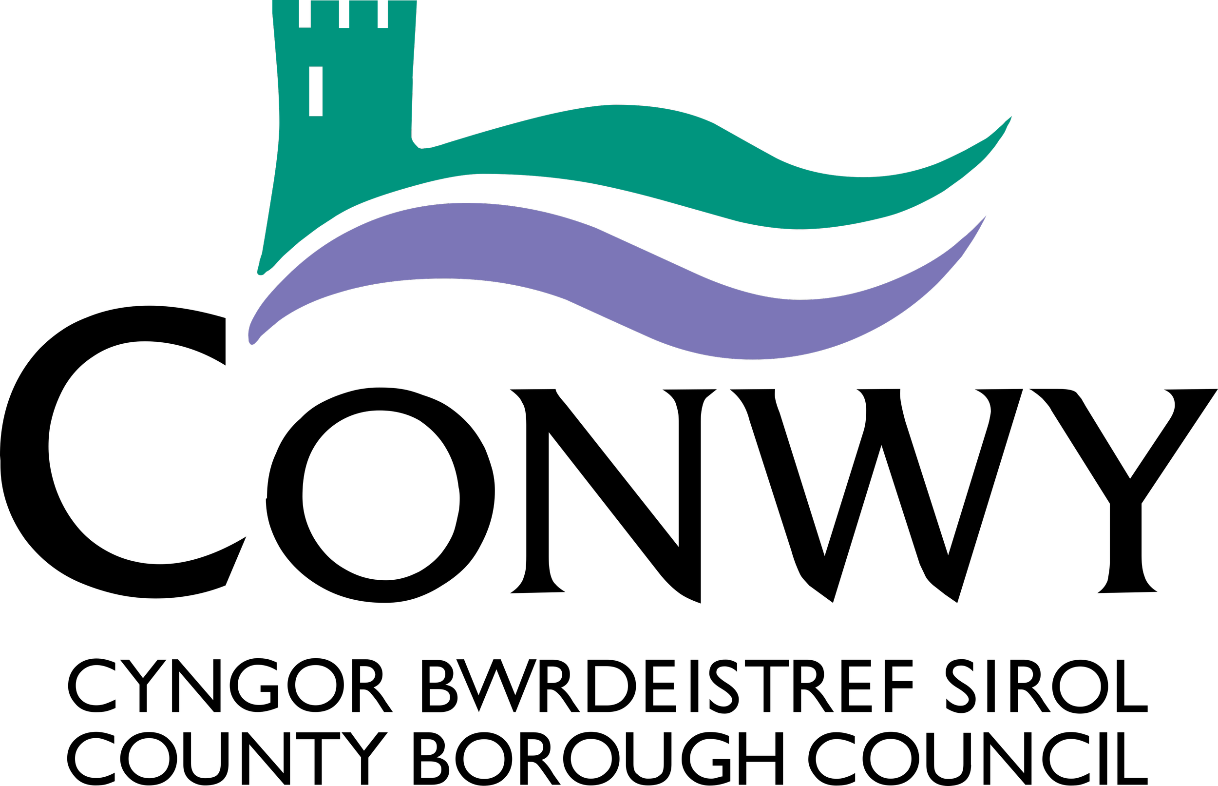 A logo with a black background featuring a stylized teal and purple wave design and a small light gray rectangular base.