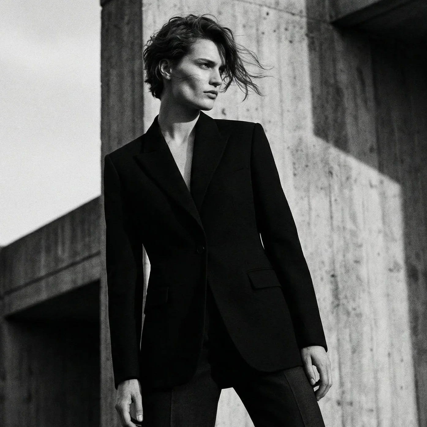 Black and white photo of a woman wearing a tailored black blazer, standing against a concrete building, looking to the side with a serious expression.