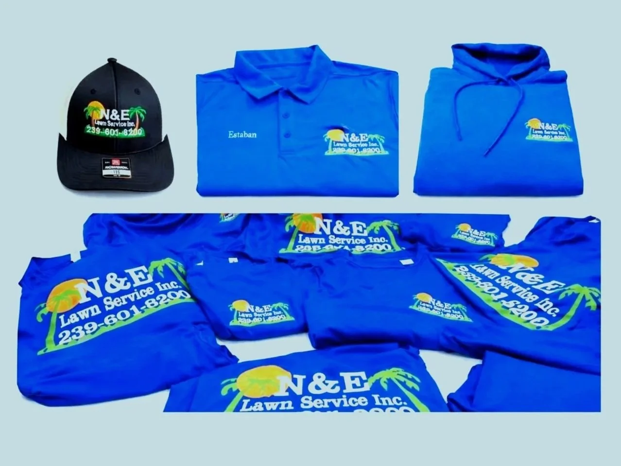 Bordado de polo Hoodiey gorra ,  e Impresion DTF en camiseta para N & E  Lawn Services INC