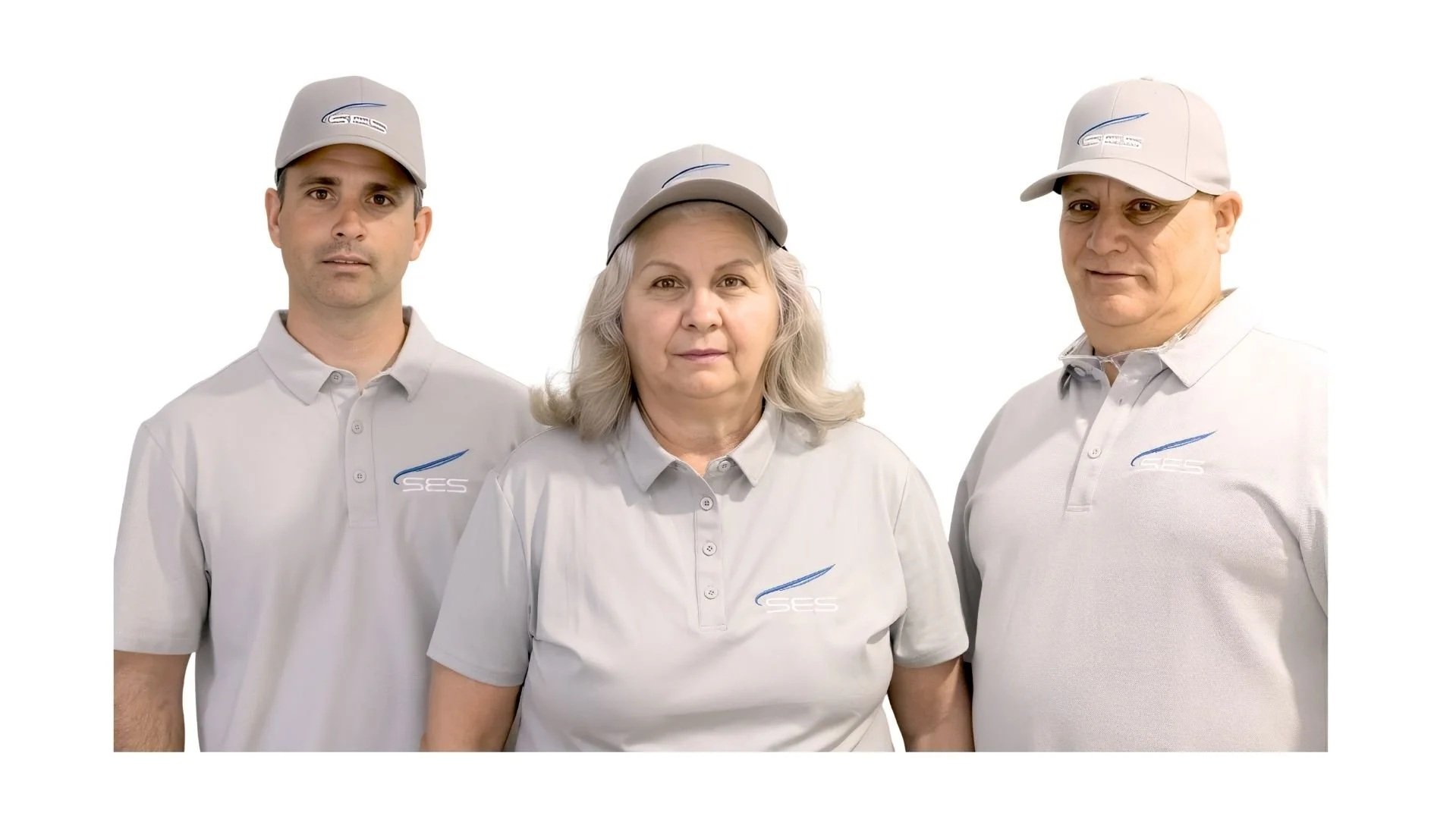 Equipo de SES Services con camisetas y gorras grises con logotipo bordado, posando juntas sobre fondo blanco.