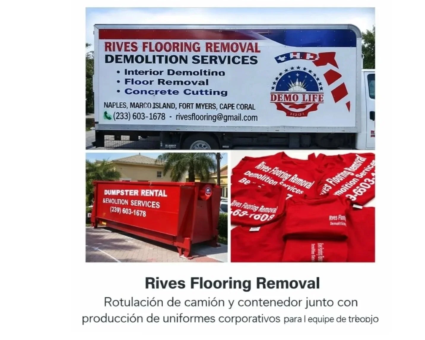 Rotulacion de camión ,  y  camisetas personalizadas DTF [ara empresa de R Flooring en Naples Flo                                      camisetas personalizadas   on uniformes corporativos para Rives Flooring Removal en Southwest , Florida.