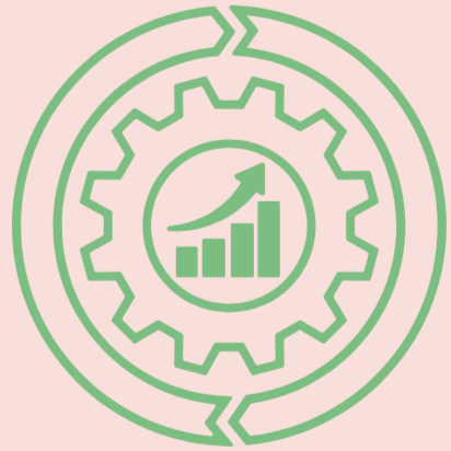 Business collaboration icon showing cogs, growth graphs and progress symbols