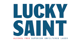Logo for Lucky Saint, an alcohol-free lager, with blue and red text on a white background.