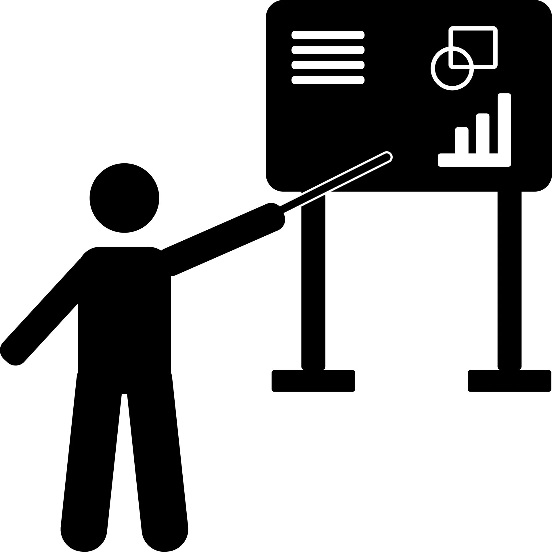Silhouette of a person pointing at a presentation board with graphs and charts.