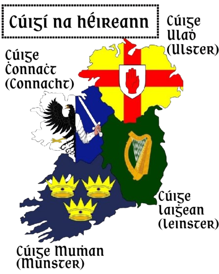 Map of Ireland showing the four provinces: Connacht, Ulster, Leinster and Munster, with text noting the names of each province in Irish and English.