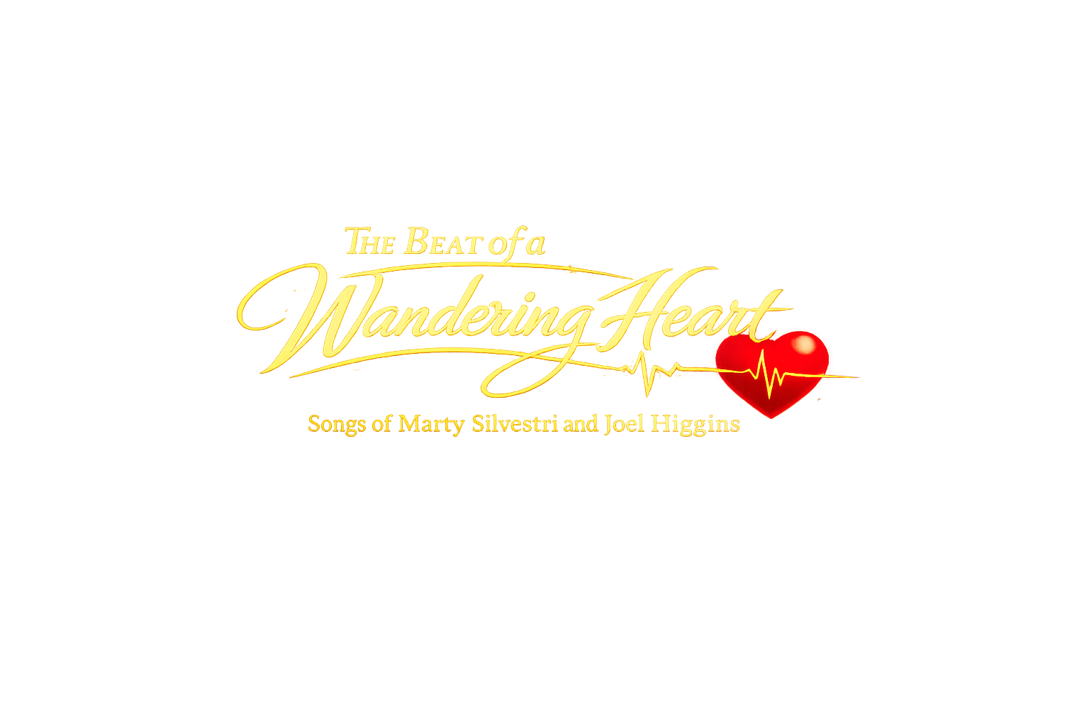 Title of album 'The Beat of a Wandering Heart' in glowing yellow text with a red heart and heartbeat line on a dark background.