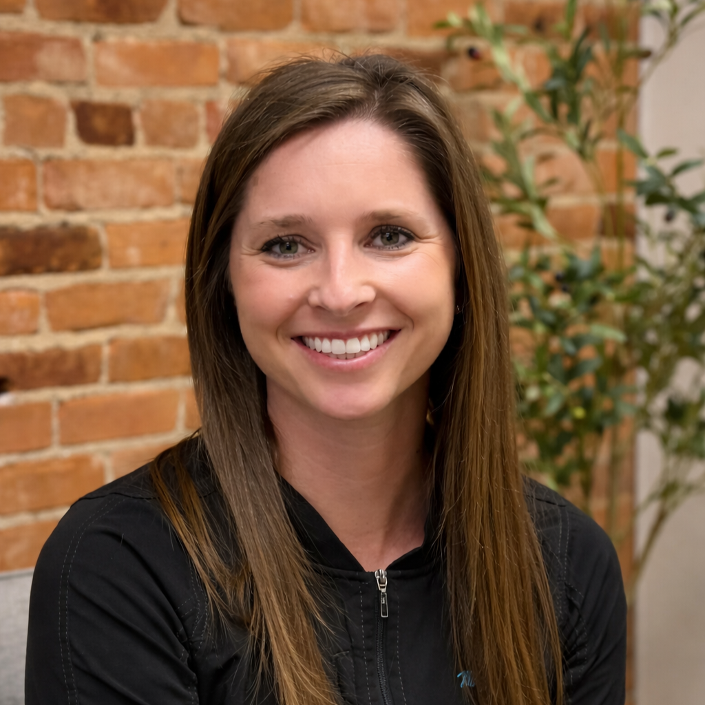 A smiling woman with brown hair, wearing a black zip-up top, sits against an exposed brick wall with a blurred plant in the background.