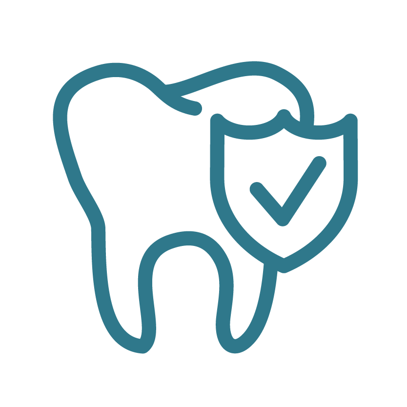 Line drawing of a tooth with a shield and checkmark, symbolizing dental health or protection.