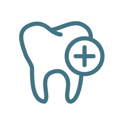 Icon of a tooth with a plus sign in a circle, indicating dental care or dental health.