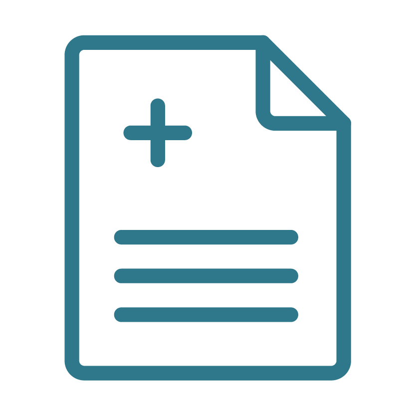 Icon of a medical document with a plus sign and lines of text.