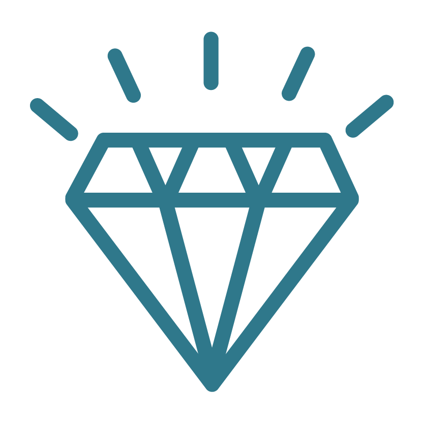 A stylized icon of a diamond with lines indicating facets, with small lines radiating outward from the top, symbolizing sparkle or brilliance.