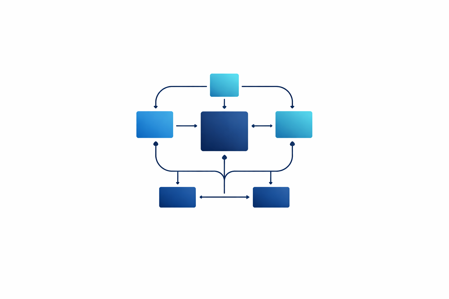 A blue diagram with eight interconnected squares of varying shades, connected by arrows indicating a flow or process.