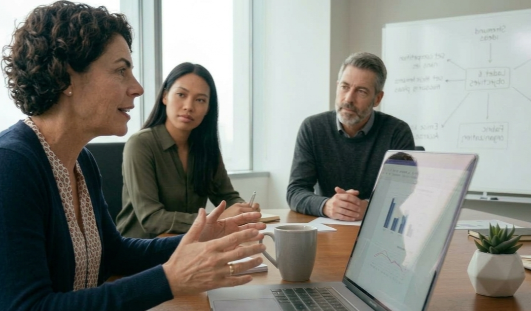 Three diverse professionals in a business meeting, two women and one man, sitting around a table with a laptop, whiteboard, and notepads, discussing and analyzing data.