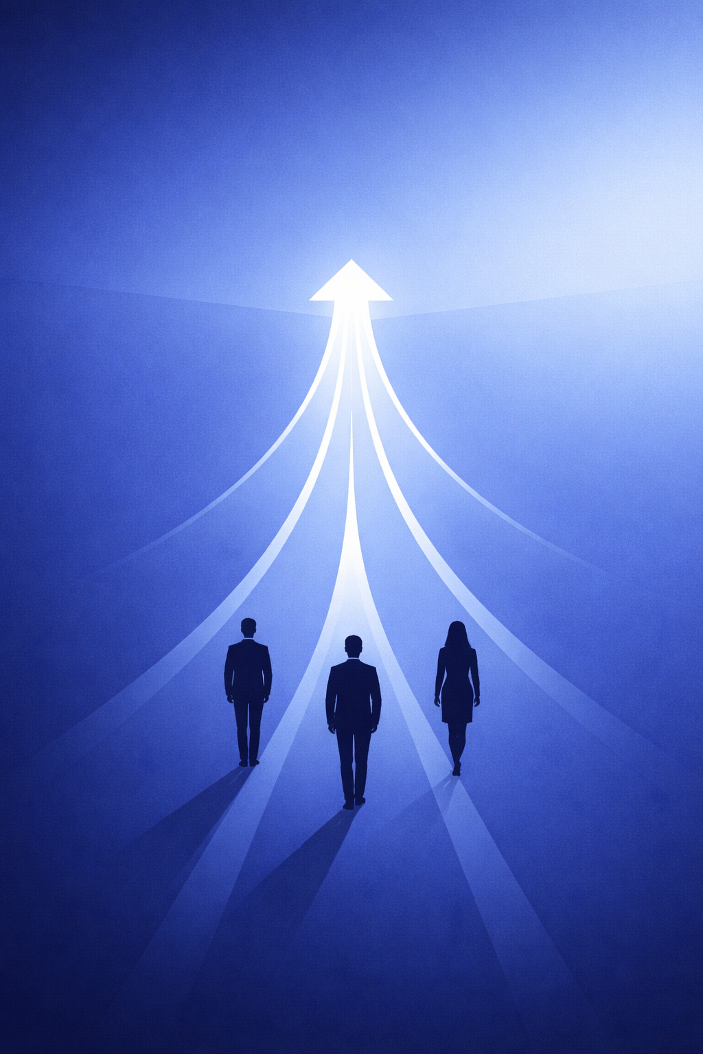 Three silhouetted businesspeople walking towards a bright upward arrow and multiple trails leading to it, symbolizing progress or success.