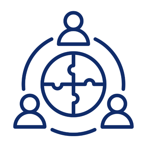 Outline of three people connected around a puzzle piece globe.