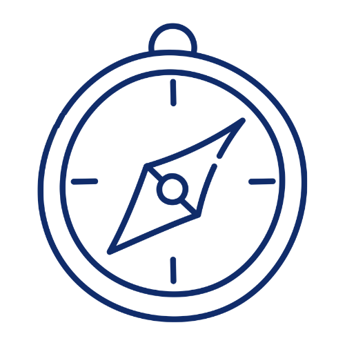 Illustration of a compass with a dark blue outline and a black background.